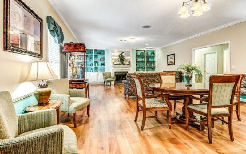 a dining room with a wood floor